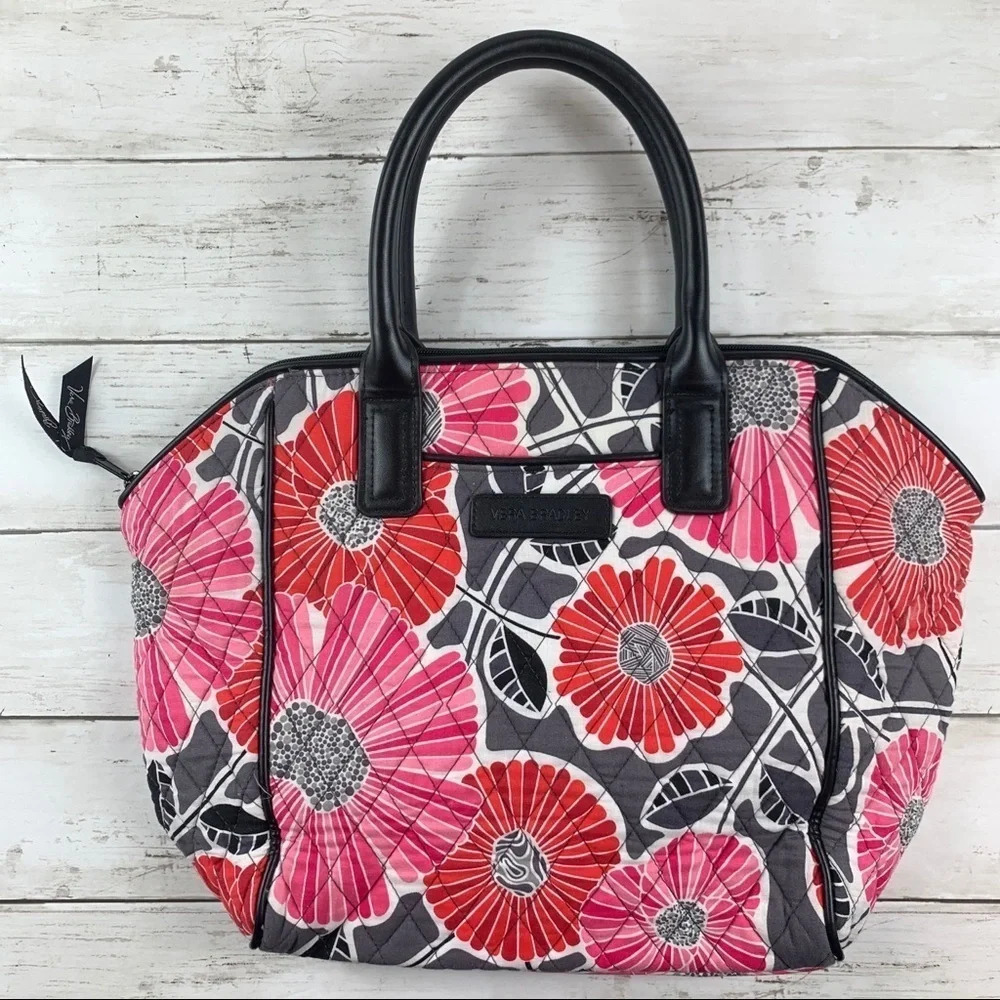 Vera Bradley Floral Quilted Tote Red Gray Orange Shoulder Bag Travel